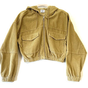 Urban Outfitters BDG Tan Corduroy Patch Pocket Hoodie Cropped Bomber Jacket Med